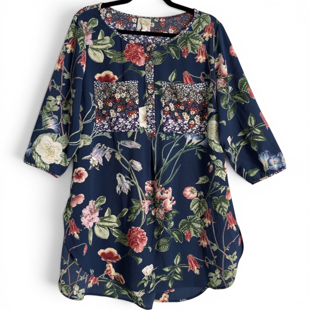 Fig and Flower Floral Henley Tunic Top Navy 1X Boho‎ Patchwork Pocket Plus Size